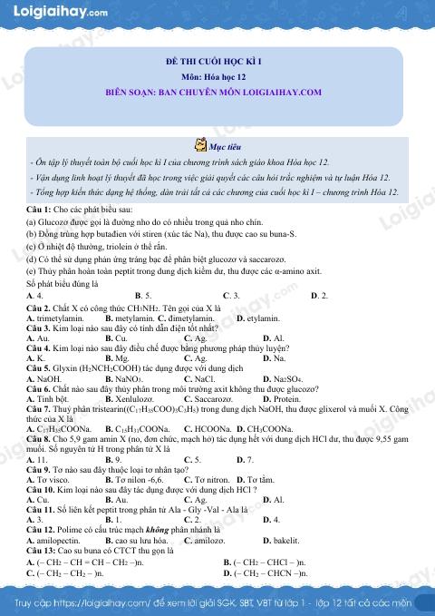 Đề thi học kì 1 Hóa 12 - Đề số 6